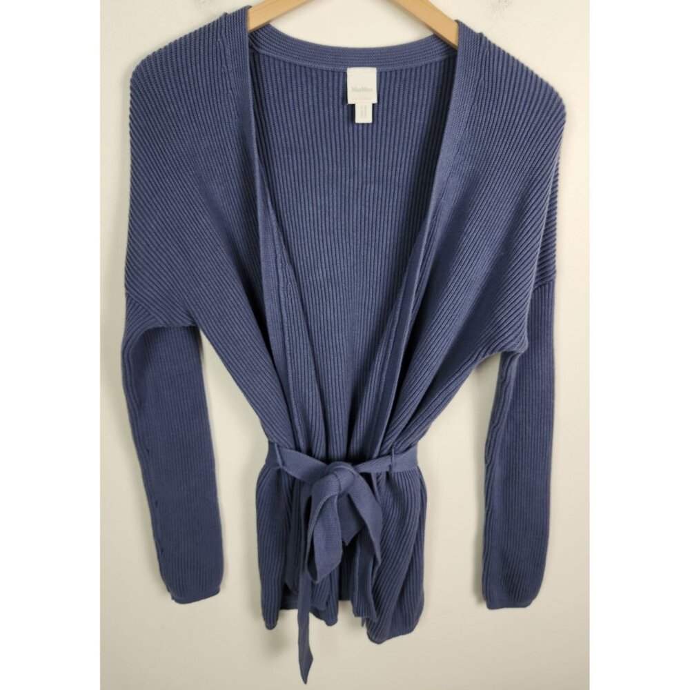 Max Mara Leisure Women's Sz. M Blue Open Front Belted Long Sleeve Cardigan